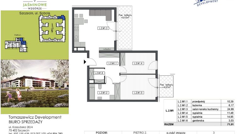 Rzut - Mieszkanie na sprzedaż 3 pokoje o powierzchni 71,01 m² - numer L2M1 w Jaśminowe Wzgórze - etap II