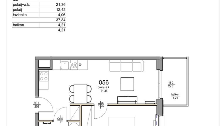 Rzut - Mieszkanie na sprzedaż 2 pokoje o powierzchni 37,84 m² - numer 56 w Rezydencja Liwska 3
