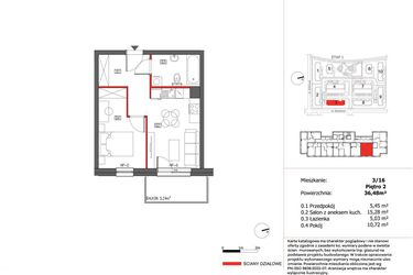 Rzut - Mieszkanie na sprzedaż 2 pokoje o powierzchni 36,48 m² - numer 3/16 w Słoneczny Zakątek