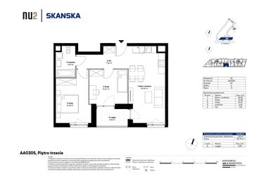 Rzut - Mieszkanie na sprzedaż 3 pokoje o powierzchni 54,59 m² - numer AA0305 w NU2 Warszawa Wola - apartamenty wykończone pod klucz