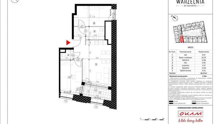 Rzut - Mieszkanie na sprzedaż 3 pokoje o powierzchni 60,14 m² - numer M003 w Warzelnia by Bohema