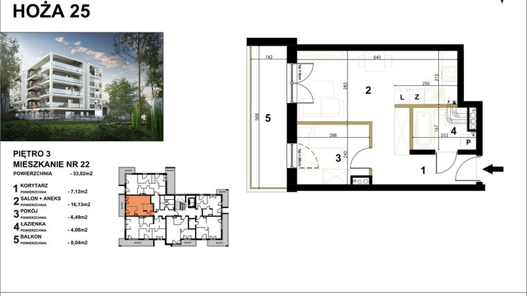 Rzut - Mieszkanie na sprzedaż 2 pokoje o powierzchni 33,82 m² - numer 22 w Hoża 25