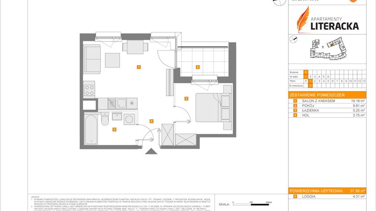Rzut - Mieszkanie na sprzedaż 2 pokoje o powierzchni 37,99 m² - numer E.3 w Apartamenty Literacka etap 2.2