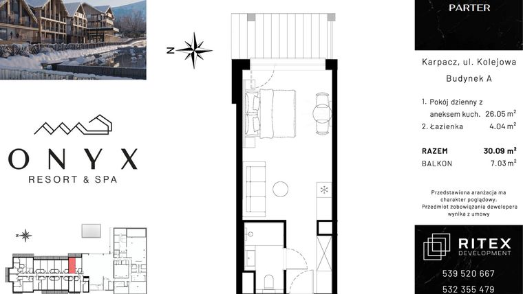 Rzut - Mieszkanie na sprzedaż 1 pokój o powierzchni 30,09 m² - numer 00.A17 w Onyx Resort & Spa