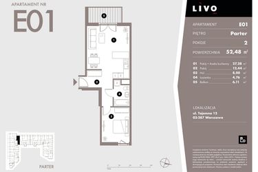 Rzut - Mieszkanie na sprzedaż 2 pokoje o powierzchni 52,48 m² - numer E01 w Livo