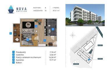 Rzut - Mieszkanie na sprzedaż 2 pokoje o powierzchni 39,31 m² - numer B18 w Nova Baltica Mieszkania Kołobrzeg
