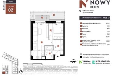 Rzut - Mieszkanie na sprzedaż 2 pokoje o powierzchni 44,38 m² - numer B2 w Nowy Reden