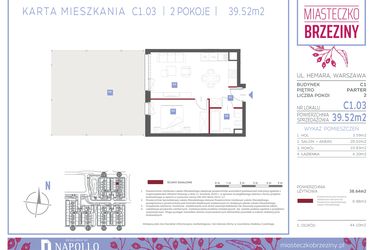 Rzut - Mieszkanie na sprzedaż 2 pokoje o powierzchni 39,52 m² - numer C1.03 w Miasteczko Brzeziny II