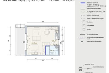 Rzut - Mieszkanie na sprzedaż 1 pokój o powierzchni 31,24 m² - numer D/7/3/1A w Modern Mokotów bud. F1 i F2