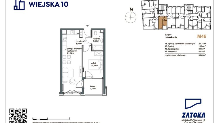 Rzut - Mieszkanie na sprzedaż 2 pokoje o powierzchni 39,63 m² - numer M46 w Wiejska 10