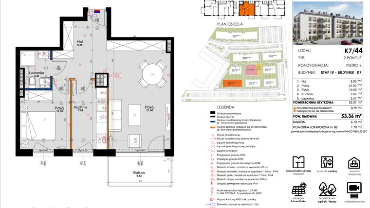 Rzut - Mieszkanie na sprzedaż 2 pokoje o powierzchni 52,61 m² - numer K7/44 w Kleszczewo Park - etap IV