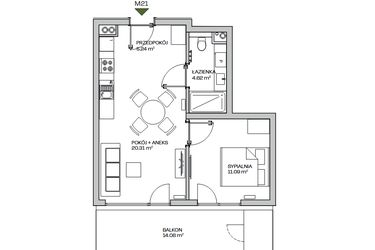 Rzut - Mieszkanie na sprzedaż 2 pokoje o powierzchni 41,26 m² - numer M21 w Zielona Marina - Apartamenty inwestycyjne