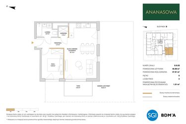 Rzut - Mieszkanie na sprzedaż 2 pokoje o powierzchni 47,81 m² - numer D.0.03 w Ananasowa