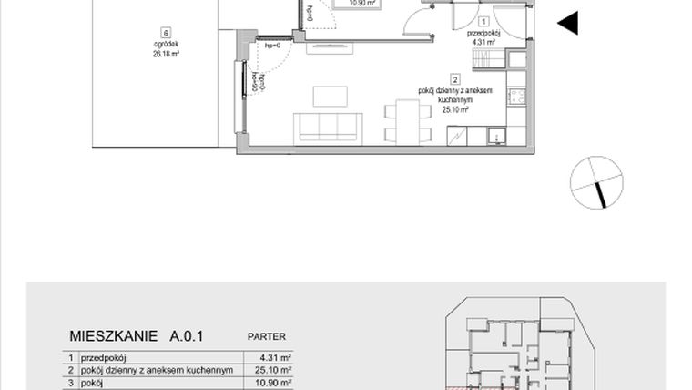 Rzut - Mieszkanie na sprzedaż 2 pokoje o powierzchni 44,56 m² - numer A.0.1 w ATAL Symbioza IA
