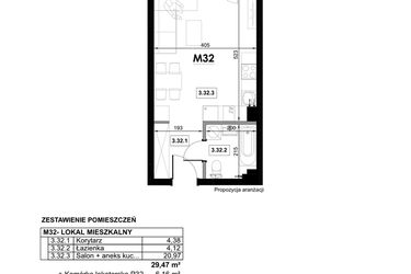 Rzut - Mieszkanie na sprzedaż 1 pokój o powierzchni 29,47 m² - numer M32 w Miejska Premium II
