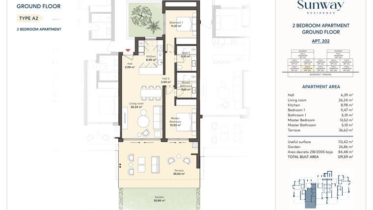 Rzut - Mieszkanie na sprzedaż 2 pokoje o powierzchni 113,42 m² - numer 202 w Sunway