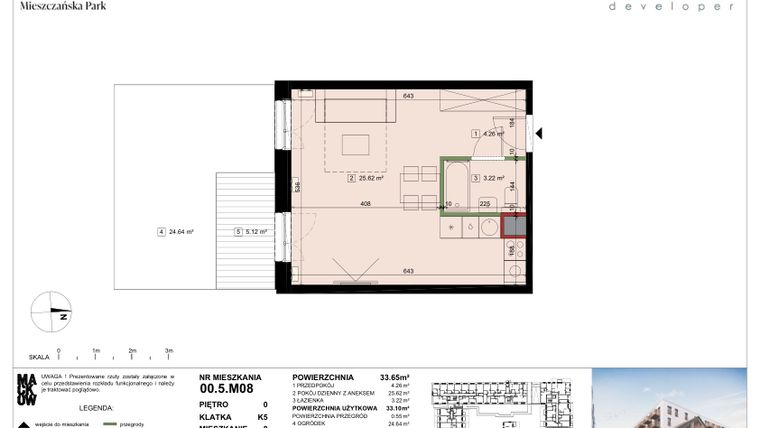 Rzut - Mieszkanie na sprzedaż 1 pokój o powierzchni 33,1 m² - numer 00.5.M08 w Mieszczańska Park