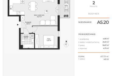 Rzut - Mieszkanie na sprzedaż 2 pokoje o powierzchni 47,75 m² - numer A5.20 w Enklawa Bukowa