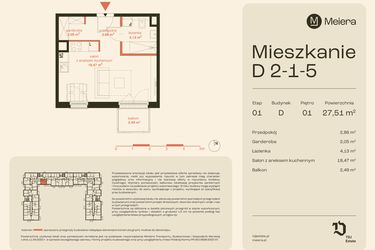 Rzut - Mieszkanie na sprzedaż 1 pokój o powierzchni 27,51 m² - numer D2-1-5 w Osiedle Meiera