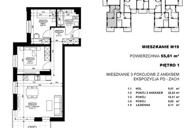 Rzut - Mieszkanie na sprzedaż 3 pokoje o powierzchni 55,61 m² - numer C2-M19 w Stacja Łódź V – etap C2
