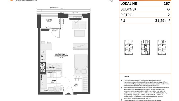 Rzut - Mieszkanie na sprzedaż 1 pokój o powierzchni 31,29 m² - numer G.167 w DOKI etap II (bud. G)