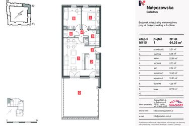 Rzut - Mieszkanie na sprzedaż 3 pokoje o powierzchni 64,03 m² - numer M-115 w Nałęczowska etap II
