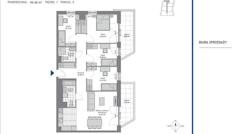 Rzut - Mieszkanie na sprzedaż 5 pokoi o powierzchni 99,98 m² - numer 7.8 w SEAHall