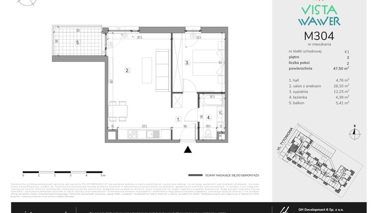 Rzut - Mieszkanie na sprzedaż 2 pokoje o powierzchni 47,5 m² - numer M304 w Vista Wawer