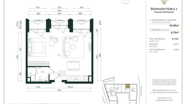Rzut - Mieszkanie na sprzedaż 1 pokój o powierzchni 51,13 m² - numer B/5/05 w Bernardyńska 4