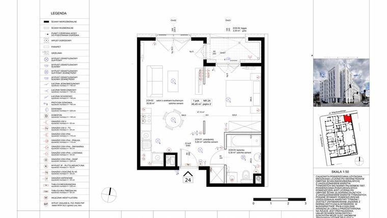 Rzut - Mieszkanie na sprzedaż 1 pokój o powierzchni 46,13 m² - numer 24 w Biała Kamienica