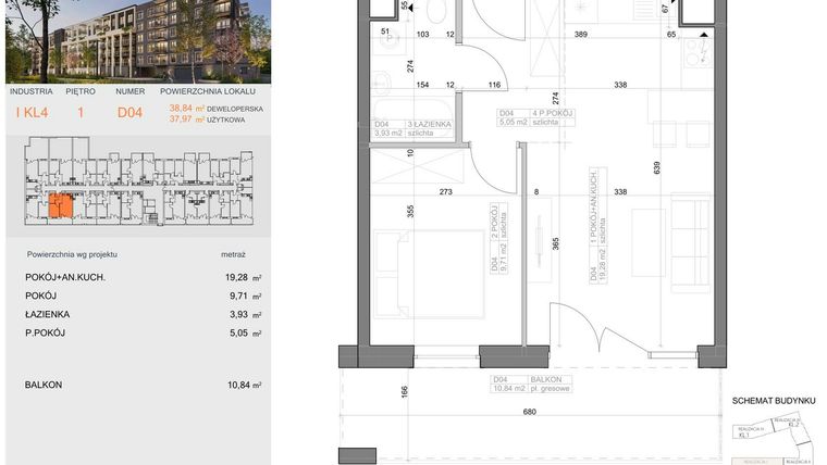 Rzut - Mieszkanie na sprzedaż 2 pokoje o powierzchni 37,97 m² - numer I-D4 w Industria etap I-D
