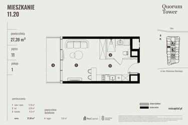 Rzut - Mieszkanie na sprzedaż 1 pokój o powierzchni 27,6 m² - numer 11.20 w Quorum Tower