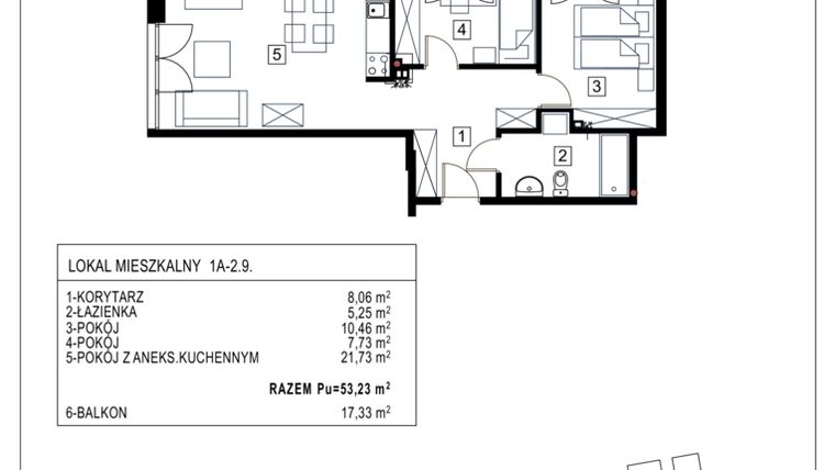 Rzut - Mieszkanie na sprzedaż 3 pokoje o powierzchni 53,23 m² - numer 1A-2.9 w Gardenia Pogodno