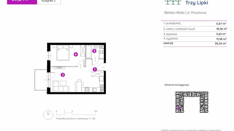 Rzut - Mieszkanie na sprzedaż 2 pokoje o powierzchni 39,24 m² - numer 2.A.3.03 w Murapol Trzy Lipki etap II