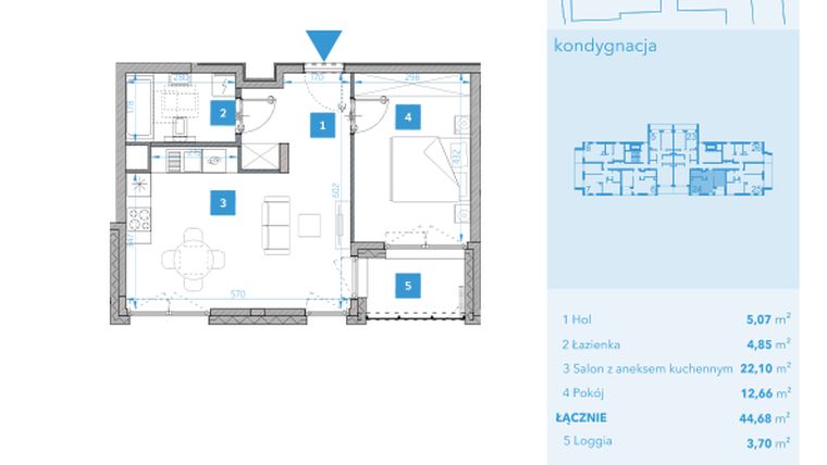 Rzut - Mieszkanie na sprzedaż 2 pokoje o powierzchni 44,68 m² - numer 24 w Apartamenty Macadamia