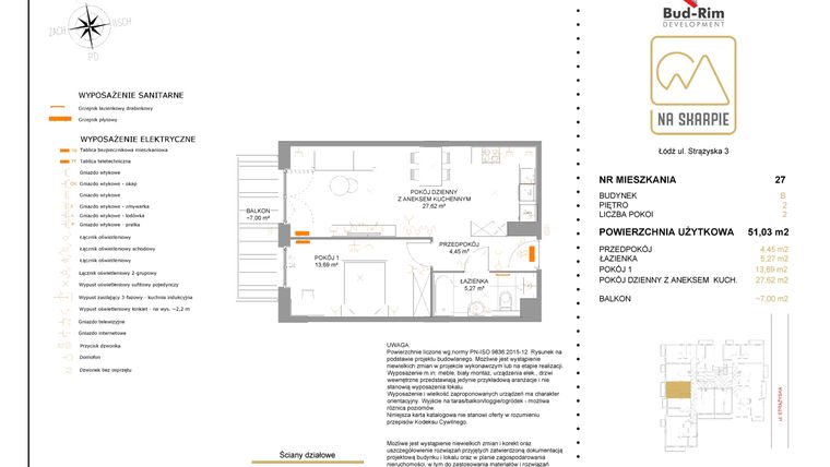 Rzut - Mieszkanie na sprzedaż 2 pokoje o powierzchni 51,03 m² - numer B27 w Na Skarpie bud. B