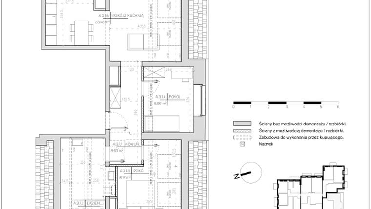 Rzut - Mieszkanie na sprzedaż 3 pokoje o powierzchni 56,79 m² - numer A.3.1 w Polanka 21