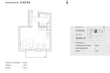 Rzut - Mieszkanie na sprzedaż 1 pokój o powierzchni 35,66 m² - numer 3.A2.04 w Żernicka Park