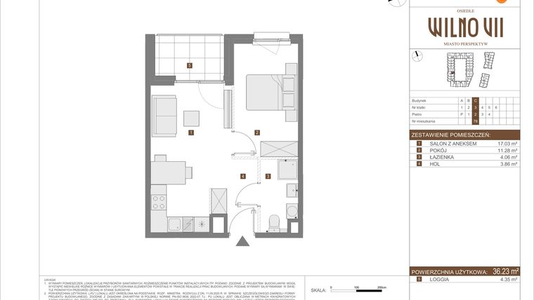 Rzut - Mieszkanie na sprzedaż 2 pokoje o powierzchni 36,23 m² - numer C.78 w Osiedle Wilno VII etap 3