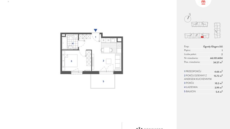 Rzut - Mieszkanie na sprzedaż 2 pokoje o powierzchni 34,24 m² - numer A6.101.M04 w Mieszkaj w mieście - Ogrody Glogera