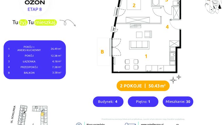 Rzut - Mieszkanie na sprzedaż 2 pokoje o powierzchni 50,43 m² - numer 4.30 w Osiedle Ozon etap VIII