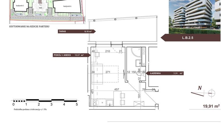 Rzut - Mieszkanie na sprzedaż 1 pokój o powierzchni 19,91 m² - numer L.B.2.5 w Royal Studios Smart Apartments etap 2