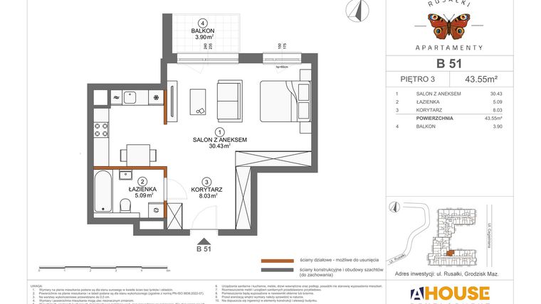 Rzut - Mieszkanie na sprzedaż 1 pokój o powierzchni 43,55 m² - numer B51 w Apartamenty Rusałki
