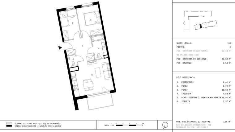 Rzut - Mieszkanie na sprzedaż 3 pokoje o powierzchni 53,52 m² - numer I9.1 w Myśliborska III etap