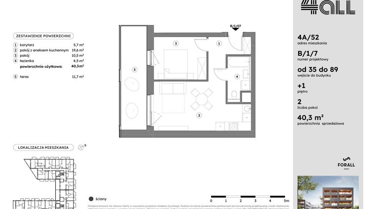 Rzut - Mieszkanie na sprzedaż 2 pokoje o powierzchni 40,21 m² - numer B/1/7 w Osiedle Mateckiego 4ALL