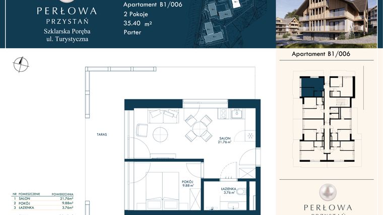 Rzut - Mieszkanie na sprzedaż 2 pokoje o powierzchni 35,4 m² - numer B1/006 w Perłowa Przystań - Szklarska Poręba
