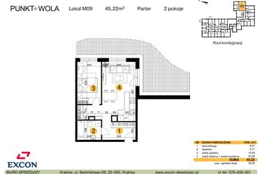 Rzut - Mieszkanie na sprzedaż 2 pokoje o powierzchni 45,22 m² - numer M09 w Punkt Wola