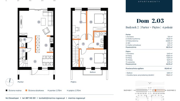 Rzut - Dom na sprzedaż 4 pokoje o powierzchni 93,4 m² - numer 2.03 w Apartamenty Marina Rogowo