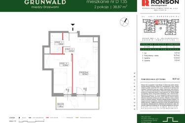 Rzut - Mieszkanie na sprzedaż 2 pokoje o powierzchni 38,87 m² - numer D135 w Grunwald Między Drzewami etap III