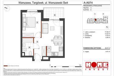 Rzut - Mieszkanie na sprzedaż 2 pokoje o powierzchni 38,47 m² - numer A-A074 w Warszawski Świt etap VII